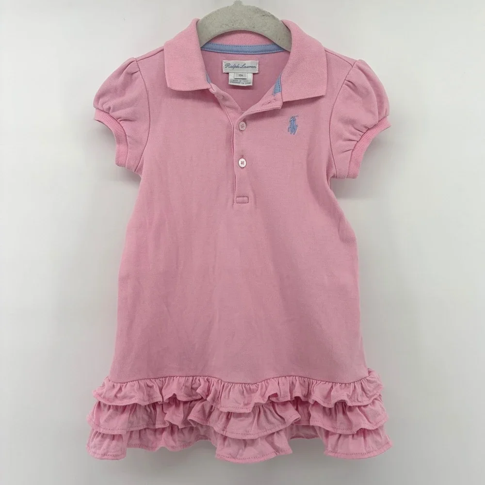 Ralph Lauren Pink Ruffle Hem Polo Dress Baby Girl 12M Short Sleeve Pique Cotton